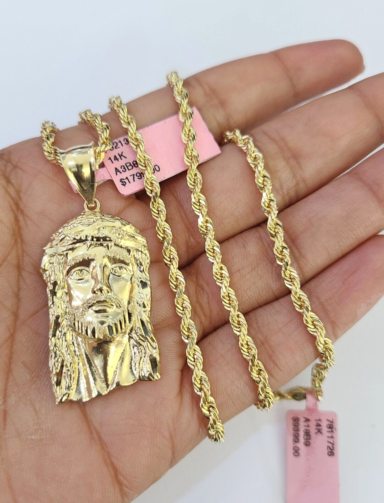 Real 14k Solid Rope Chain Jesus Head Charm Set 3mm 18"-26" Necklace Yellow Gold